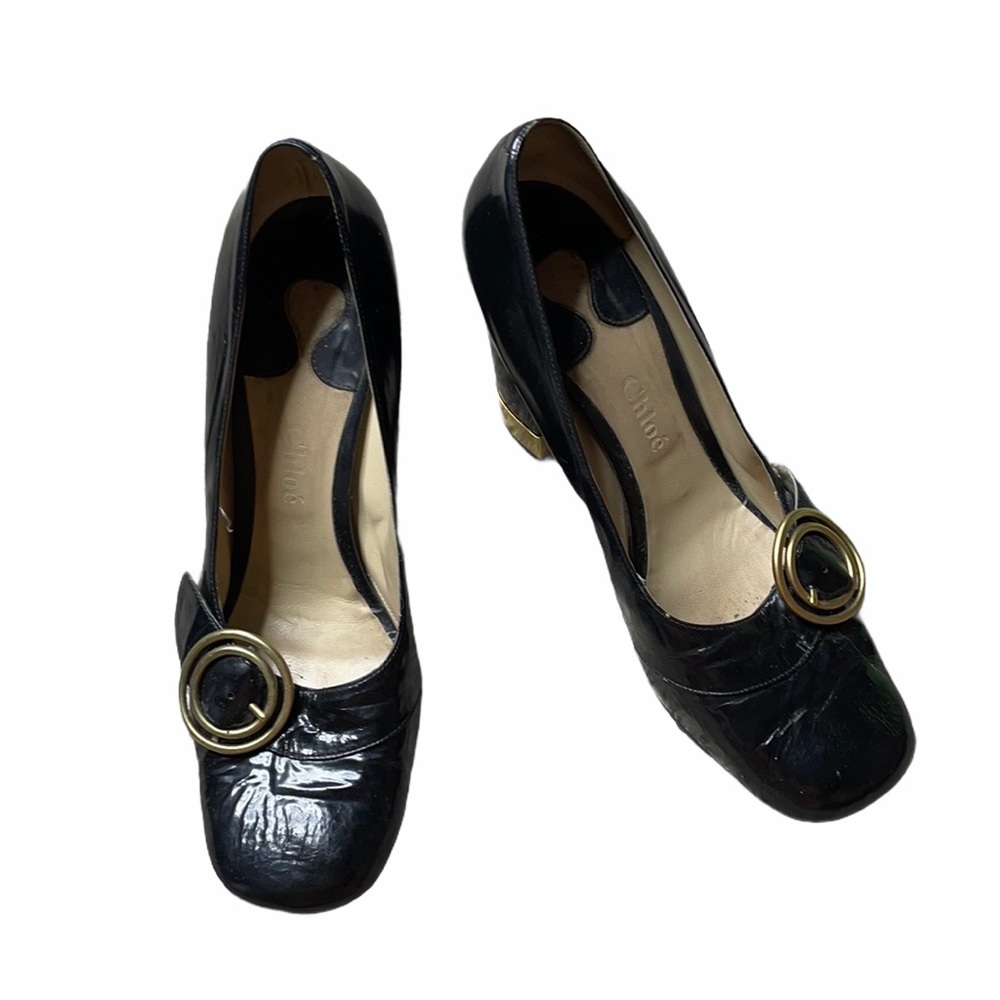 Chloe chunky heel navy pumps with buckles size 41
